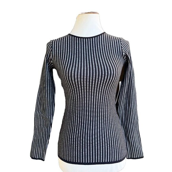 RVN Womens Black Striped Ribbed Long Sleeve Stretch Knit Striped Top  Dash - Picture 1 of 13